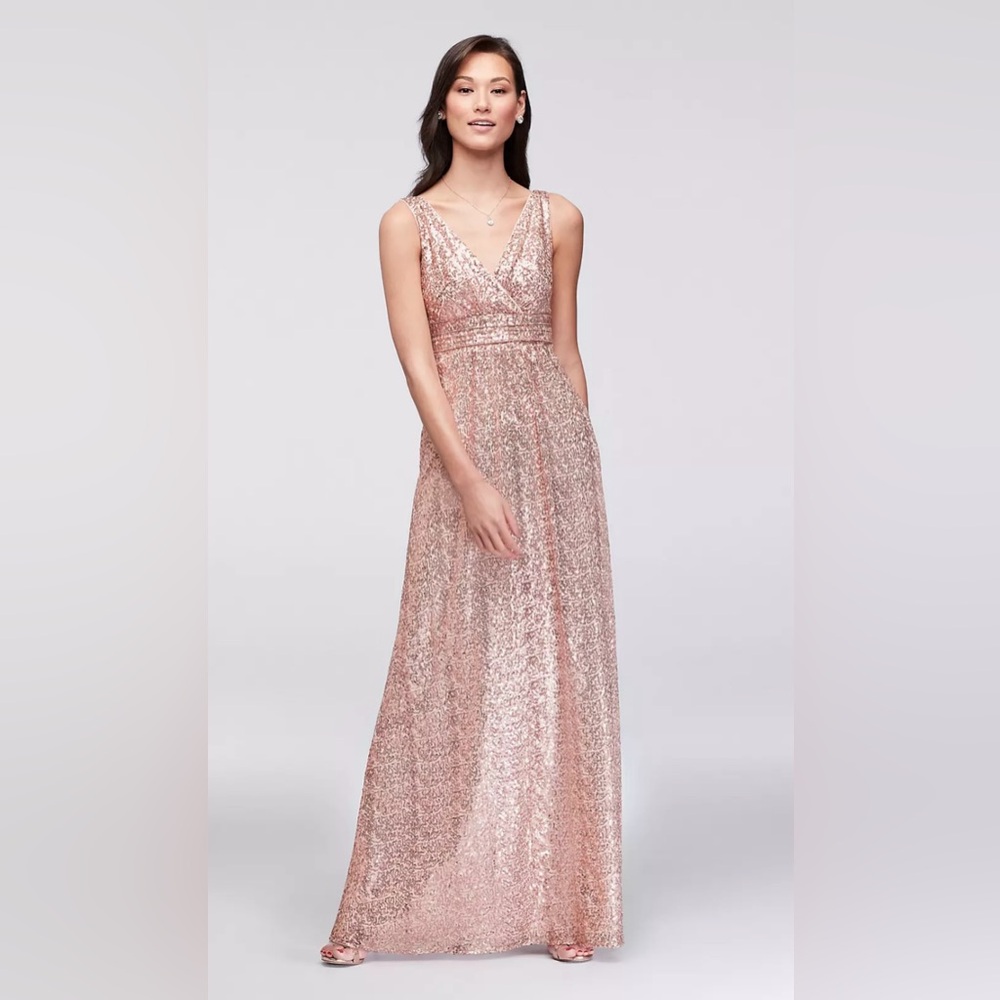 David's Bridal Pink Sequin V-Nexk Maxi Dress